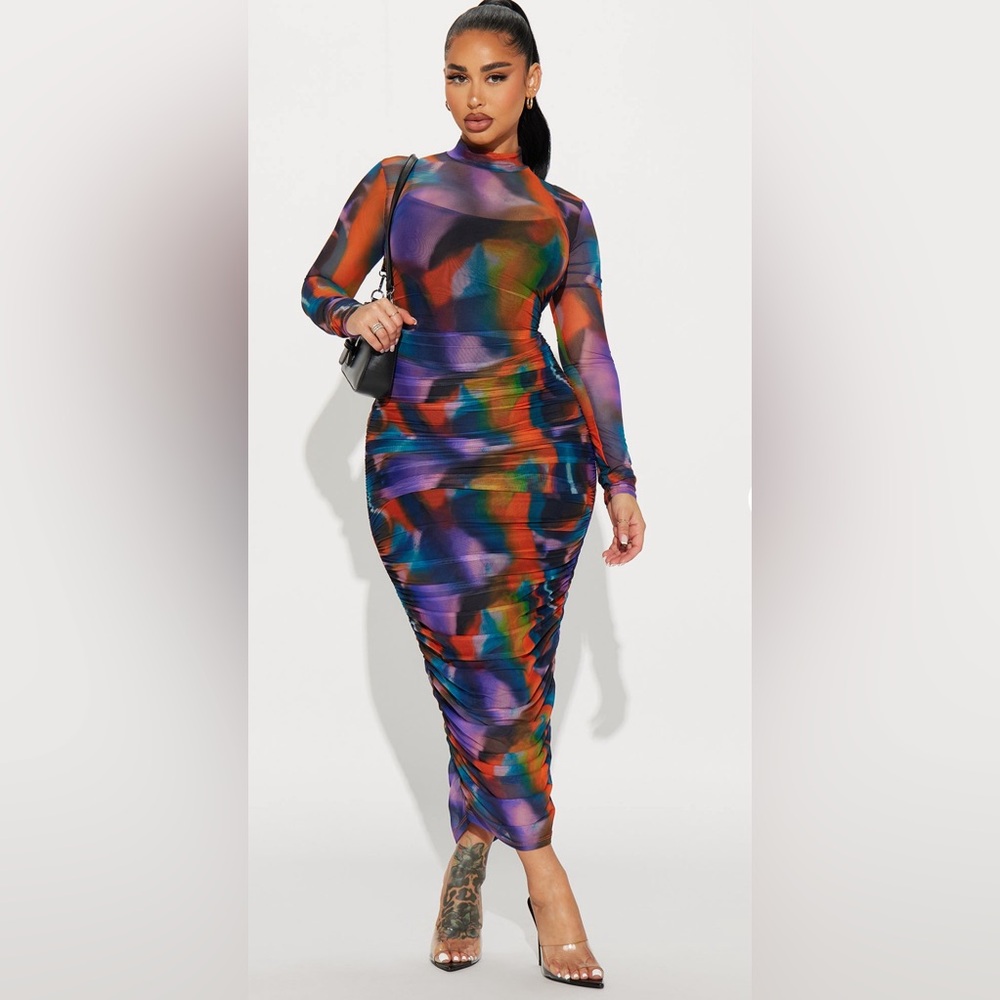 Anais Mesh Midi Dress - Orange/combo